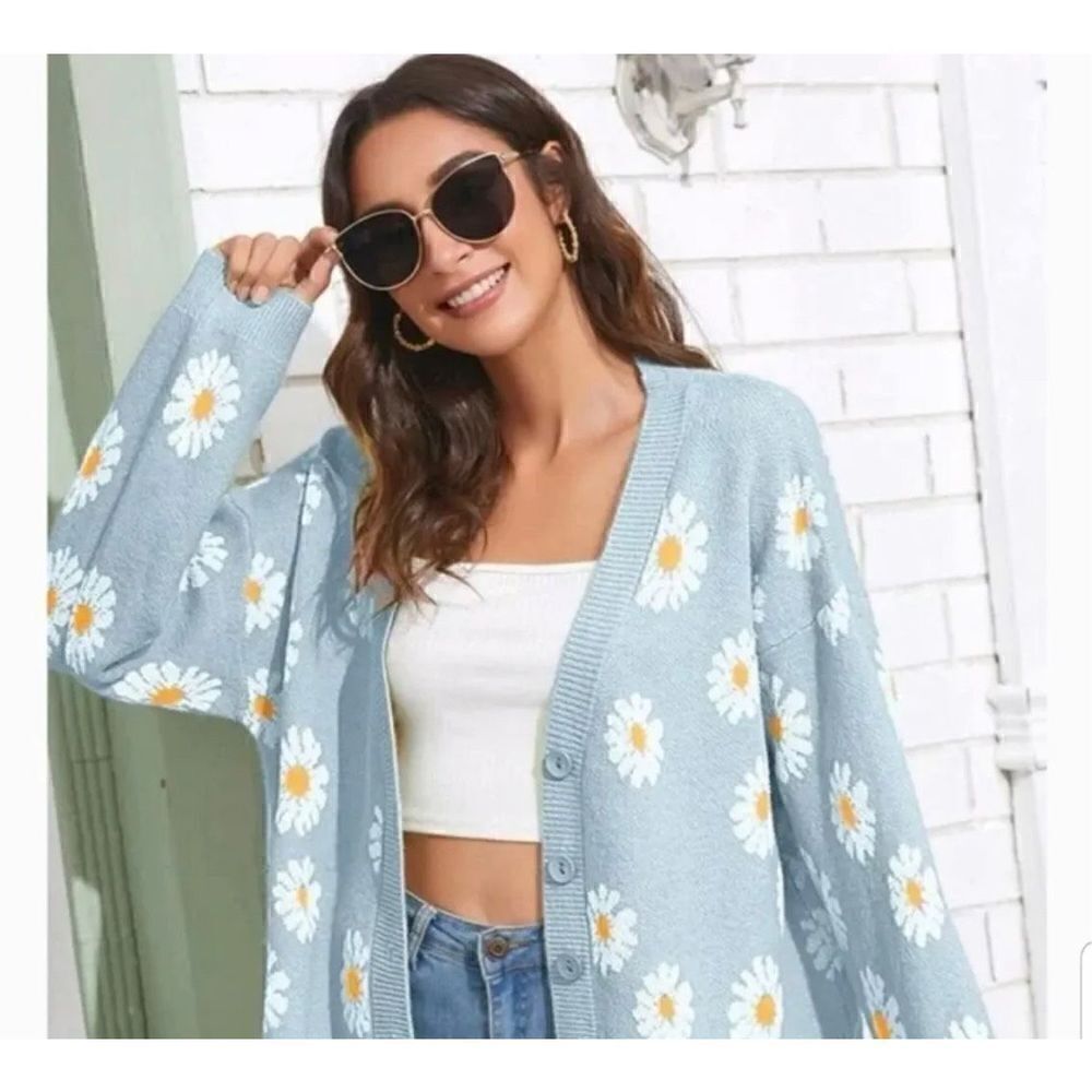 Cardigan Sweater One Size Blue Knit Floral Daisy Oversized Cottagecore